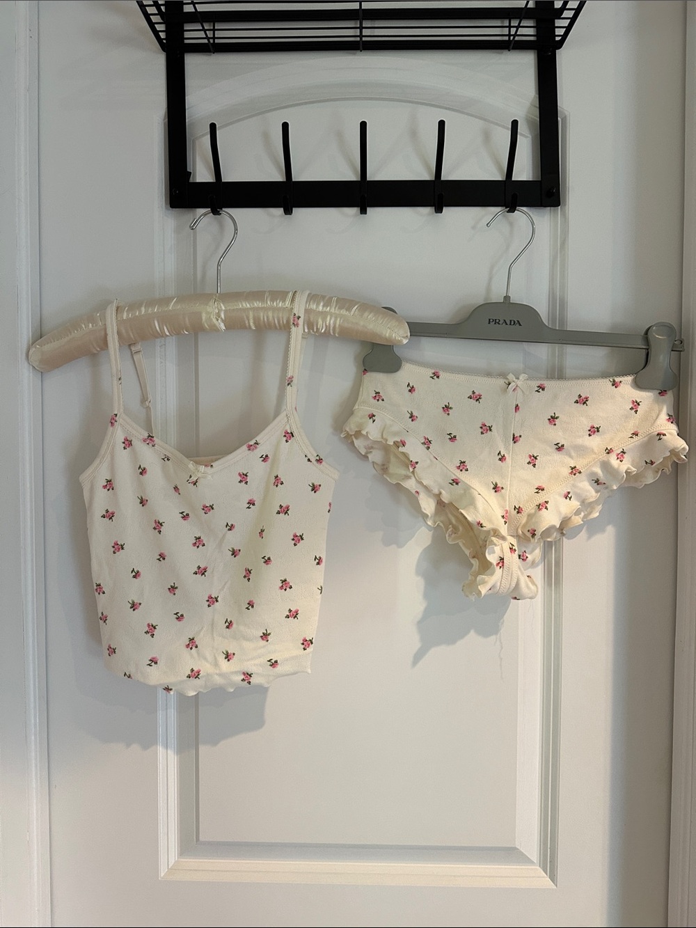 SKIMS Cream Floral Ribbed Cami & Ruffle Brief Set